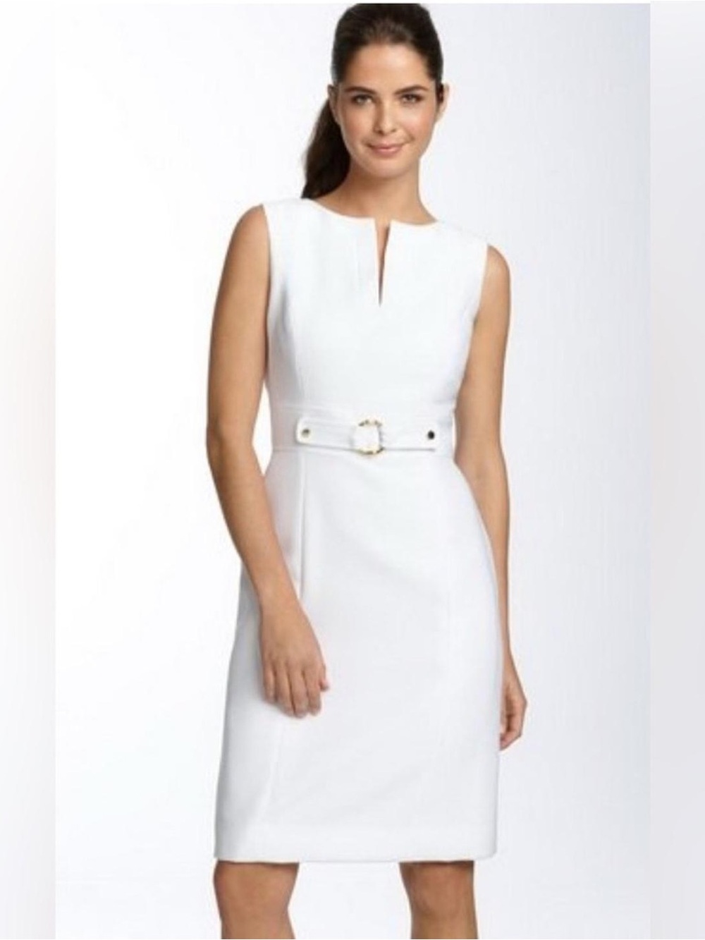 Tahari White Textured V-Neck Sleeveless Midi Dress with Belt